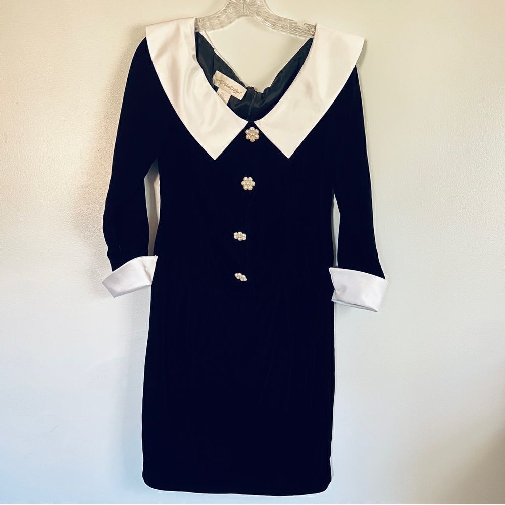 Vintage All Week Long Black Velvet Dress Satin Trim Faux Pearls Made in USA 8
